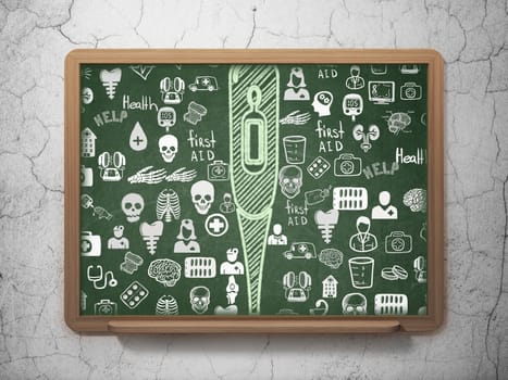 Health concept: Chalk Green Thermometer icon on School Board background with  Hand Drawn Medicine Icons