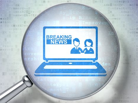 News concept: magnifying optical glass with Breaking News On Laptop icon on digital background