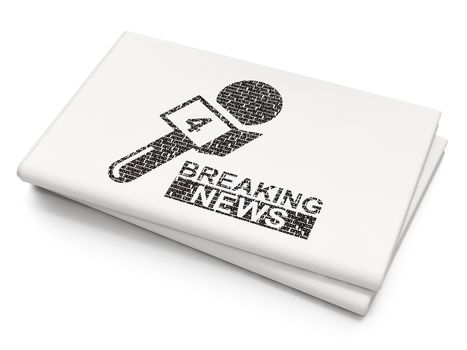 News concept: Pixelated black Breaking News And Microphone icon on Blank Newspaper background