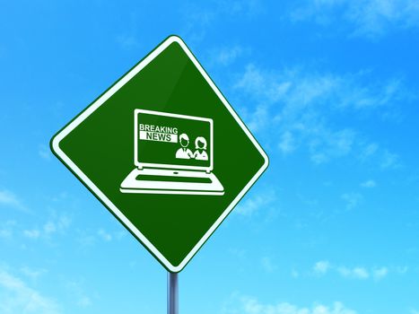 News concept: Breaking News On Laptop on green road highway sign, clear blue sky background, 3d render