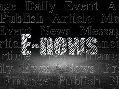 News concept: Glowing text E-news in grunge dark room with Dirty Floor, black background with  Tag Cloud