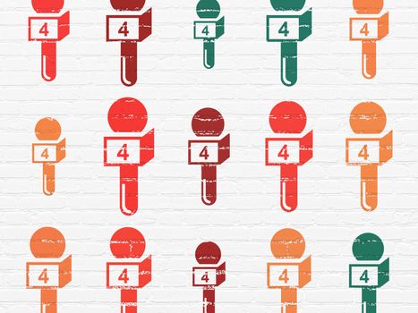 News concept: Painted multicolor Microphone icons on White Brick wall background
