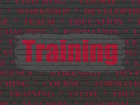 Studying concept: Painted red text Training on Black Brick wall background with  Tag Cloud