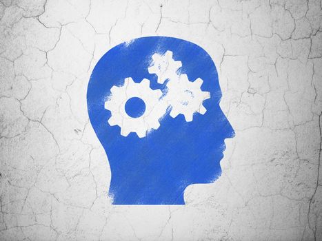 Education concept: Blue Head With Gears on textured concrete wall background