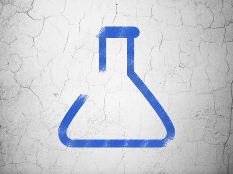 Science concept: Blue Flask on textured concrete wall background