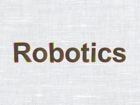 Science concept: CMYK Robotics on linen fabric texture background