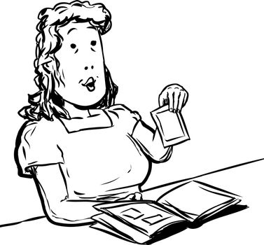 Cartoon doodle of middle aged adult woman holding picture above her scrapbook