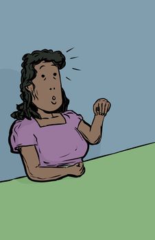 Cartoon doodle of middle aged adult African American woman at table holding something