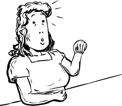 Cartoon doodle of middle aged adult female showing something in hands at desk