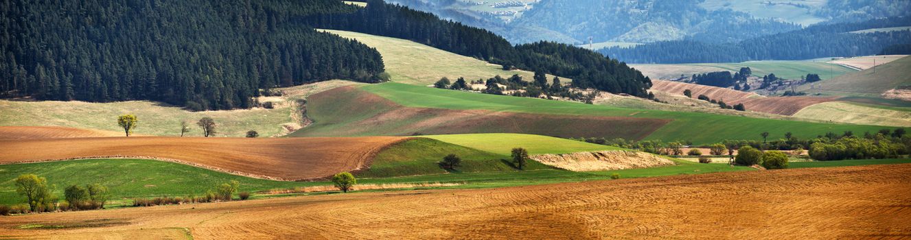 Green spring hills in Slovakia. April sunny countryside panorama