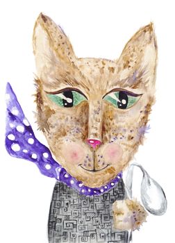 Watercolor cat illustration with female cat in a scarf holding spoon