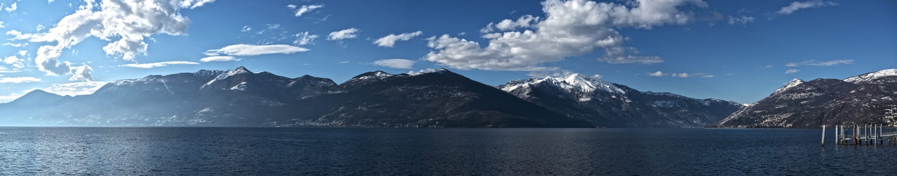 Landscape from Luino lakefront on the Major Lake in a sunny winter afternoon, Lombardy - Italy