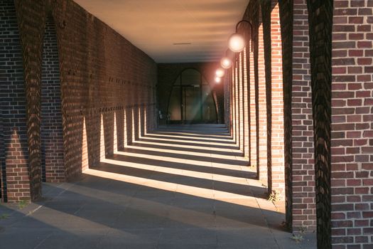Old building with brick arches beautiful illuminated.