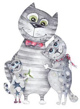 Funny cartoon detailed watercolor hand-painted illustration with cat father, mother and son on white background
