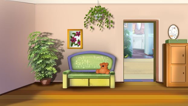 Digital painting of the kids' room with sofa and toys