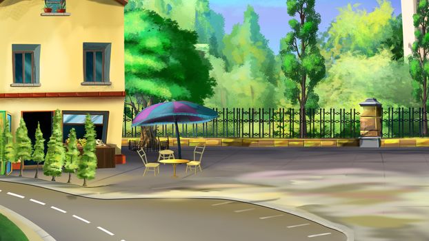 Digital painting of the roadside cafe. Back view