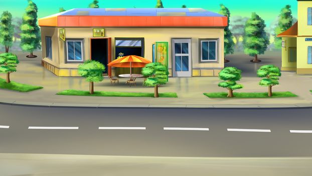 Digital painting of the roadside cafe. Front view
