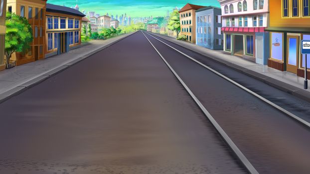 Digital painting of the tram rails in a city