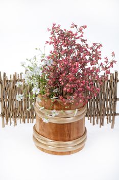 Flowers and Russian national artworks on an isolated studio background
