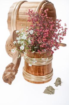 Flowers and Russian national artworks on an isolated studio background
