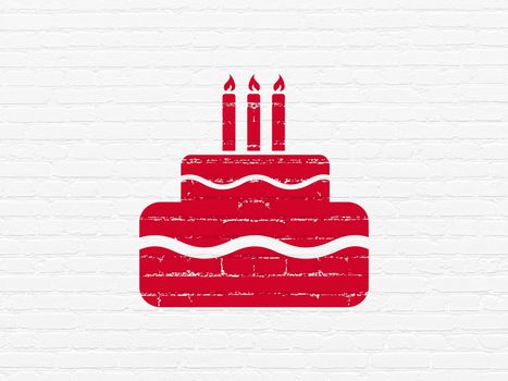 Entertainment, concept: Painted red Cake icon on White Brick wall background