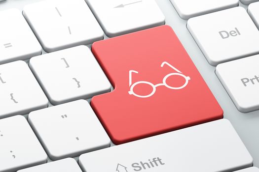 Learning concept: Enter button with Glasses on computer keyboard background, 3d render