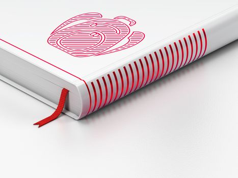 Learning concept: closed book with Red Backpack icon on floor, white background, 3d render