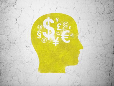 Learning concept: Yellow Head With Finance Symbol on textured concrete wall background