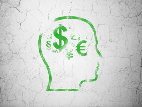 Studying concept: Green Head With Finance Symbol on textured concrete wall background