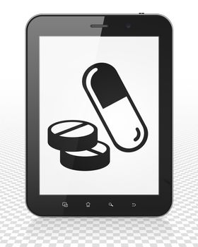 Medicine concept: Tablet Pc Computer with black Pills icon on display