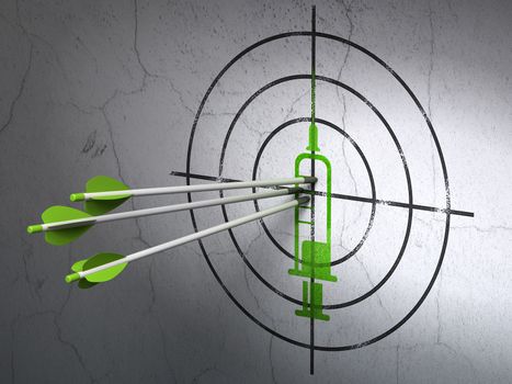 Success Healthcare concept: arrows hitting the center of Green Syringe target on wall background