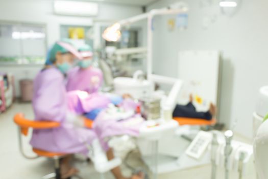 Dentist and Dental assistants in hospital ( blurry dental background ) in thailand