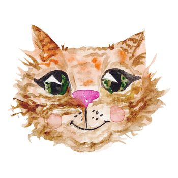 Hand-painted cute cartoon kitten with large eyes isolated on white background