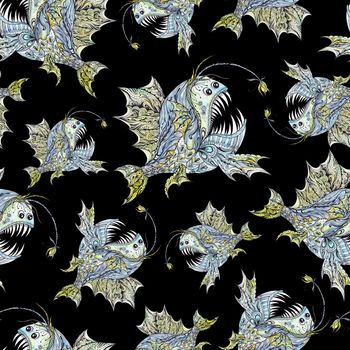 Seamless watercolor marine texture with cartoon sketch monkfish on black background