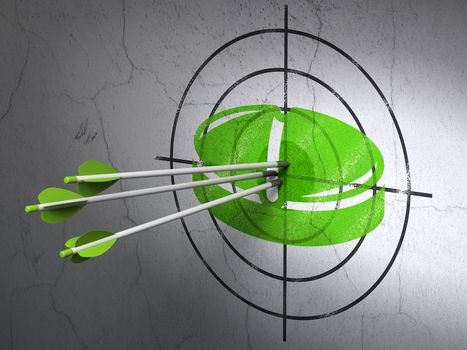 Success Health concept: arrows hitting the center of Green Pill target on wall background