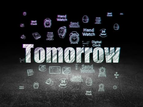 Time concept: Glowing text Tomorrow,  Hand Drawing Time Icons in grunge dark room with Dirty Floor, black background