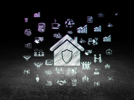Business concept: Glowing Home icon in grunge dark room with Dirty Floor, black background with  Hand Drawn Business Icons
