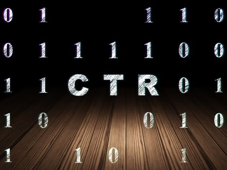 Business concept: Glowing text CTR in grunge dark room with Wooden Floor, black background with Binary Code