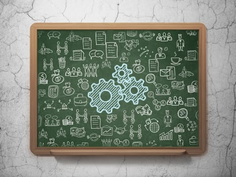 Business concept: Chalk Blue Gears icon on School Board background with  Hand Drawn Business Icons
