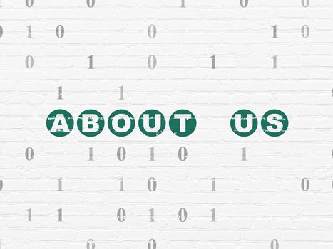 Finance concept: Painted green text About us on White Brick wall background with Binary Code