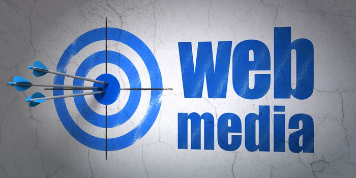 Success web development concept: arrows hitting the center of target, Blue Web Media on wall background