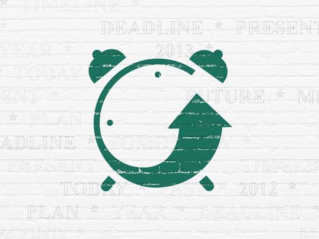 Time concept: Painted green Alarm Clock icon on White Brick wall background with  Tag Cloud