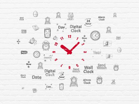 Time concept: Painted red Clock icon on White Brick wall background with  Hand Drawing Time Icons