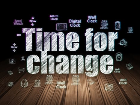 Timeline concept: Glowing text Time for Change,  Hand Drawing Time Icons in grunge dark room with Wooden Floor, black background