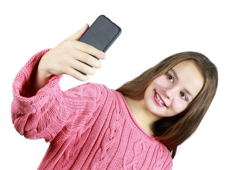 Beautiful Young Girl Taking a Selfie with White Background