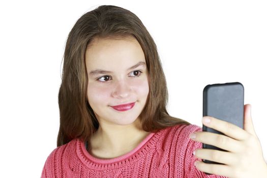 Beautiful Young Girl Taking a Selfie with White Background