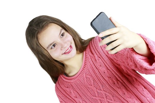 Beautiful Young Girl Taking a Selfie with White Background