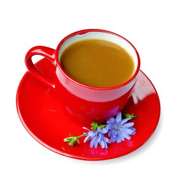 Chicory drink in a red cup with a flower on a saucer isolated on white background