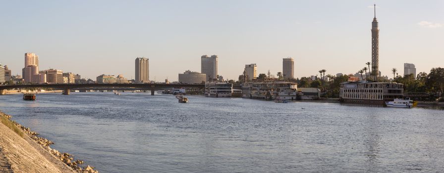 Cairo, Egypt - March 4, 2016: The Nile river, the Island of Zamalek and central Cairo skyline.