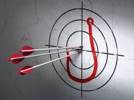 Success privacy concept: arrows hitting the center of Red Fishing Hook target on wall background